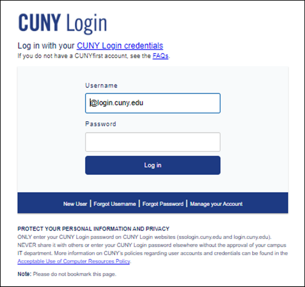 CUNY Login page