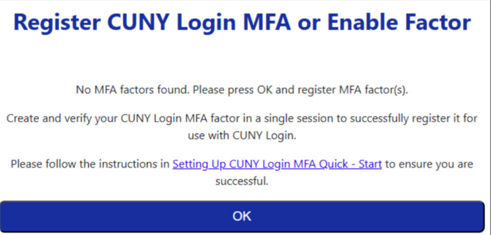 Register CUNY Login MFA or Enable Factor window