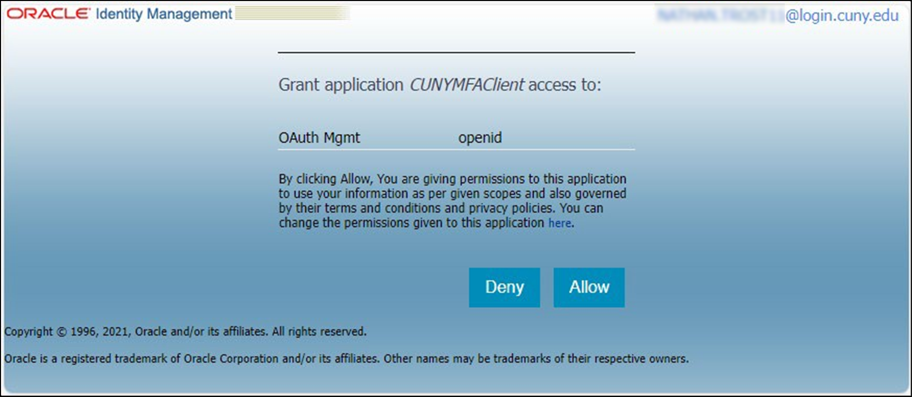 Oracle Identity Management page