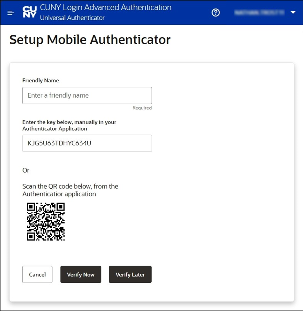 CUNY Login Advanced Authentication - Setup Mobile Authenticator page