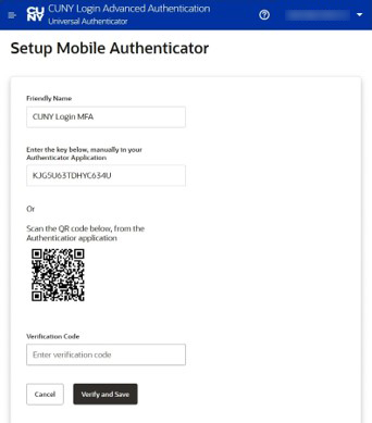 CUNY Login Advanced Authentication - Setup Mobile Authenticator page